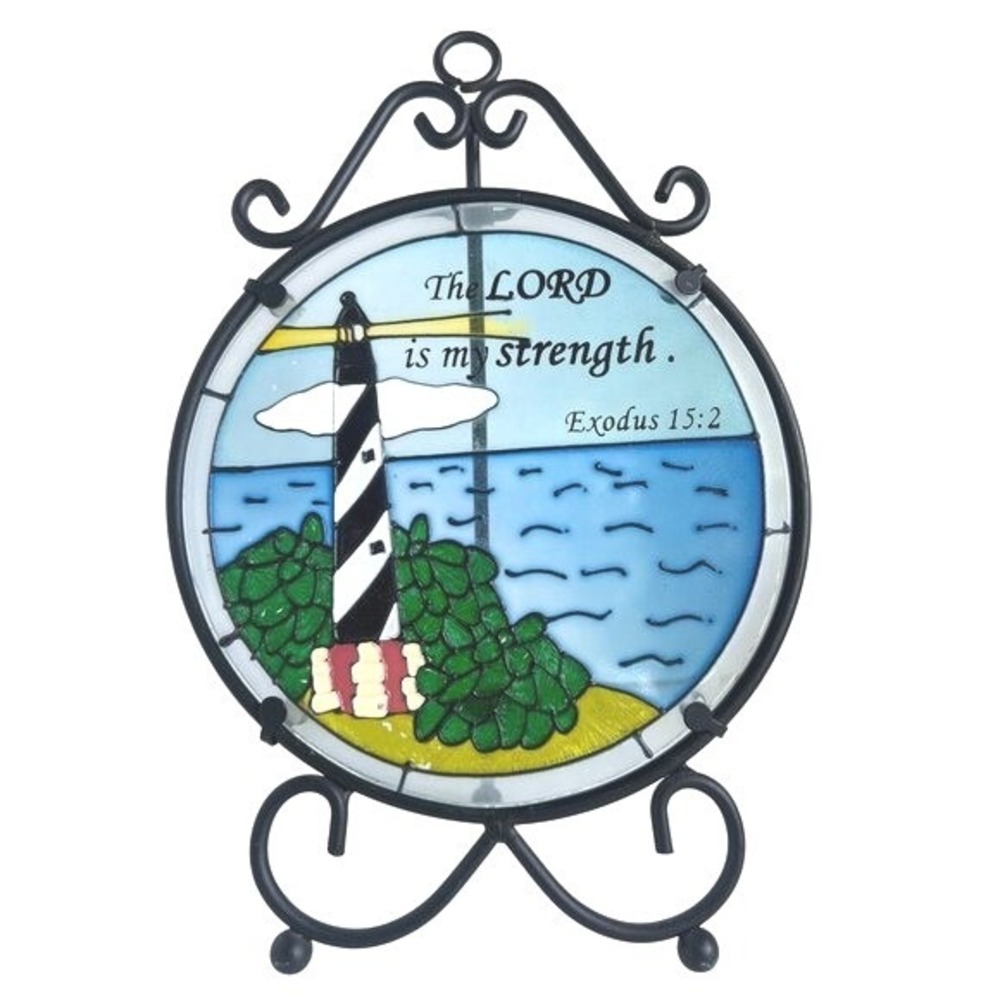 Vtg Enameled Glass Lighthouse Plaque and Easel The Lord is my Strength Ex 15:2‎